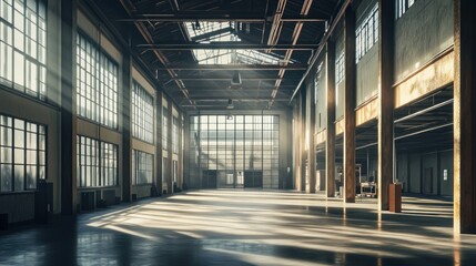 Poster - Sunlight Streaming Through Windows of an Empty Industrial Building