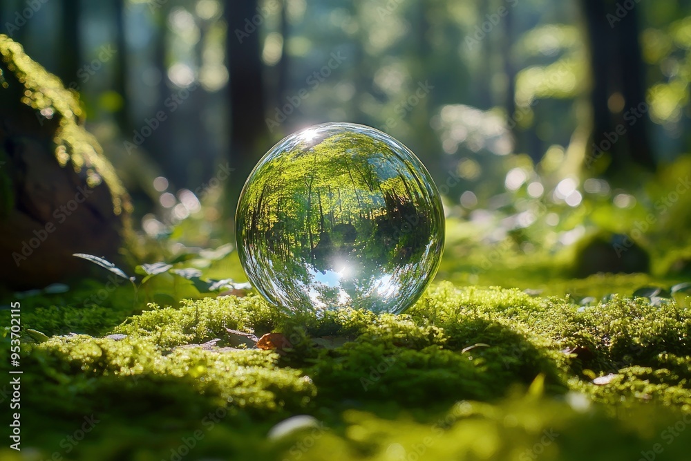 Crystal globe glass on green moss in forest to protect nature Save and ...