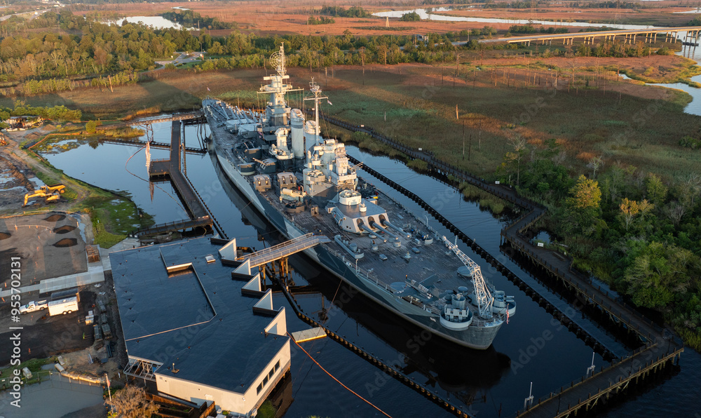 Aerial view of the Battleship North Carolina docked in Wilmington, NC ...