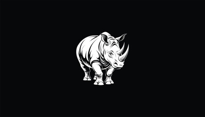 Wall Mural -  Rhinoceros Design, Circular Graphic, White Outline, Black Background,