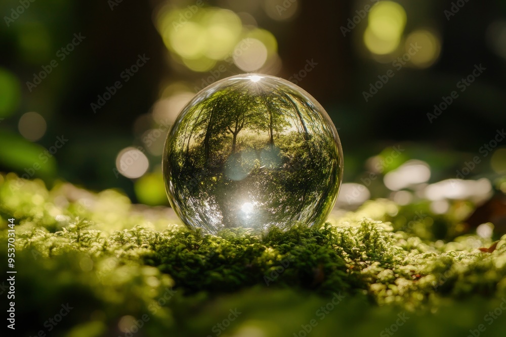 Crystal globe glass on green moss in forest to protect nature Save and ...