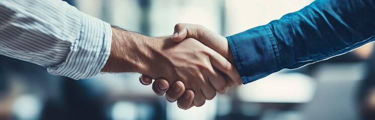 Fototapete - A Handshake Between Two Business Partners, Symbolizing Their Agreement and Collaboration in the Professional World, Reflecting the Values of Trust, Commitment, and Engagement in Various Initiatives