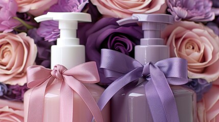 Sticker - Two bottles of body wash with purple and pink ribbons