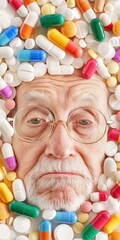 elderly man surrounded by various colorful pills and capsules, highlighting medicine, healthcare, an