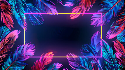 Poster - Neon background with bright palm leaves and neon frame with space for text.