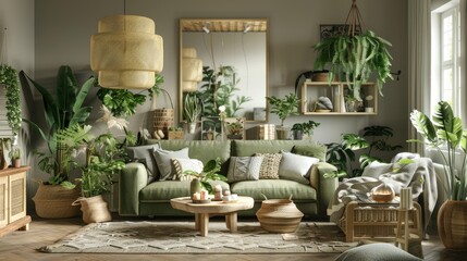 Sticker - A bohemian-style living room with green sofas