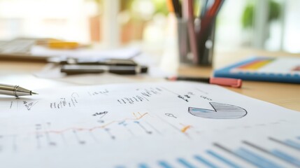 Aufkleber - Close-up of business documents with charts and graphs on a desk in a bright office. Concept of financial analysis, planning, and corporate strategy.