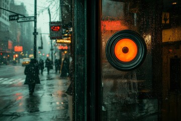 Canvas Print - A Glowing Red Light Through a Rainy City Window