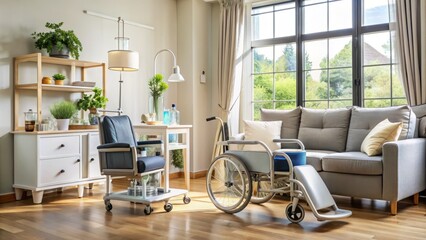 A clean and organized home health care setup with medical equipment, oxygen tank, and wheelchair in a cozy