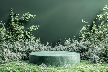 Dark green podium in meadow for product presentation and on transparent background.3d rendering with generative ai