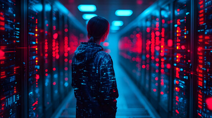 A woman in a futuristic hoodie stands in a server room, the glow of the servers illuminating her.