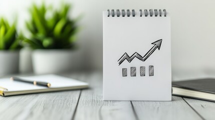 Poster - Notepad with a hand-drawn rising arrow graph, symbolizing business growth. Minimalistic office desk with plants and notebook.