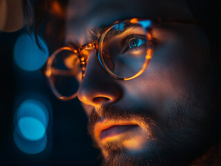 side profile of bearded man in glasses illuminated by warm light