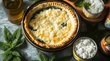 Pie, nettles, rice, and canned fish adorn the table.