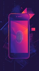 Poster - Colorful abstract smartphone with a fingerprint icon representing secure access and biometric authentication. Concept of digital security.