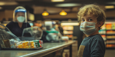 Young Boy in Mask at Grocery Checkout, Clerk Wearing Face Shield, Pandemic Background
