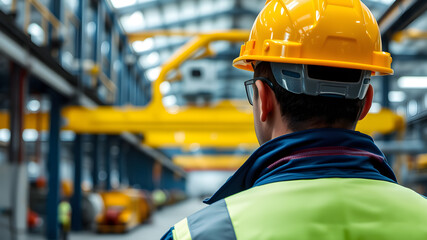 Back view of Engineer wearing hardhat standing in industrial factory. Generative AI