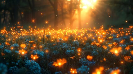 Canvas Print - A twilight meadow alive with the shimmering dance of fireflies, their ethereal glow painting the air with fleeting patterns of