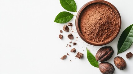 Wall Mural - cocoa powder in a bowl with cocoa fruits and leaf on white background