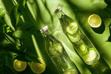 Wall Mural - Refreshing Cucumber and Lemon Infused Water Bottles