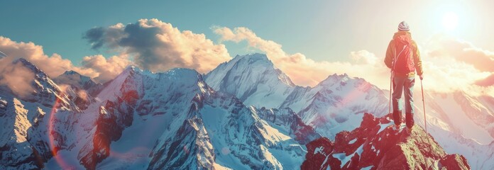 Canvas Print - Hiker Conquers Mountain Peak at Sunrise