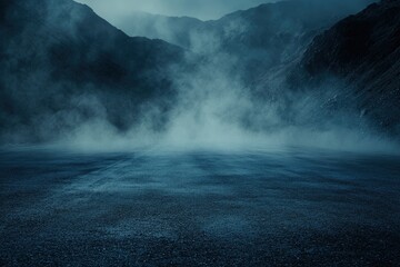 Wall Mural - Dark street, asphalt abstract dark blue background, empty dark mountain range scene, with smoke mist cold white float up for display products with generative ai