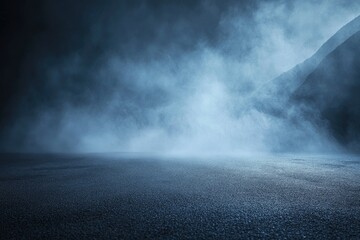 Dark street, asphalt abstract dark blue background, empty dark mountain range scene, with smoke mist cold white float up for display products with generative ai