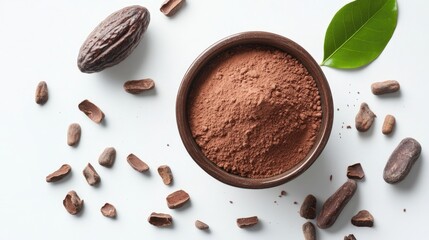 Wall Mural - cocoa powder in a bowl with cocoa fruits and leaf on white background