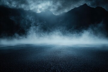 Wall Mural - Dark street, asphalt abstract dark blue background, empty dark mountain range scene, with smoke mist cold white float up for display products with generative ai