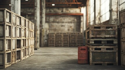 Old Wooden Crates Stacked in a Dusty Warehouse