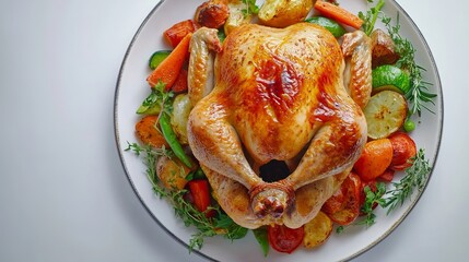 shot of a roast chicken with vegetables and herbs