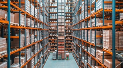 Poster - Rows of stacked cardboard boxes in a large warehouse