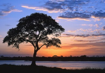 Canvas Print - Silhouette of a tree during a colorful sunset over a calm lake