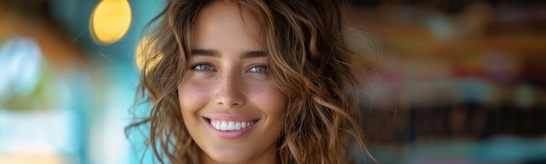 Smiling woman with long hair and blue eyes looking at camera, portrait, banner, copy space