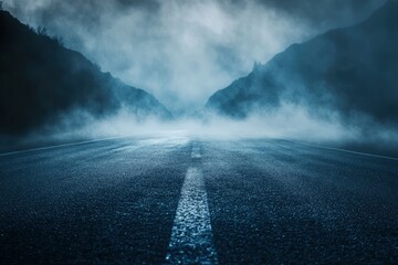 Dark street, asphalt abstract dark blue background, empty dark mountain range scene, with smoke mist cold white float up for display products with generative ai