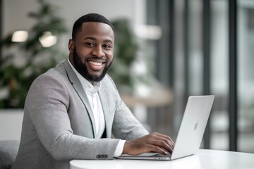 Aufkleber - A Professional Business Meeting Environment featuring a Smiling Man Engaged in Productive Work on a Laptop, embodying ambition, collaboration, and communication in a modern workspace setting
