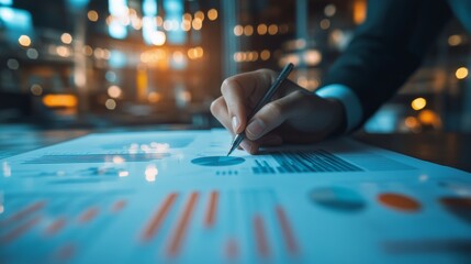 Aufkleber - Close-up of a hand holding a pen while analyzing financial graphs on paper in a modern office environment. Concept of business analysis.
