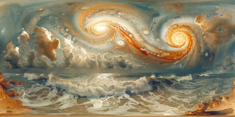 Poster - An immersive 360-degree panorama of a gas giants atmosphere, with swirling bands of colorful clouds and massive storm