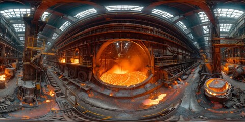 Poster - An immersive 360-degree panorama of a massive steel foundry, where molten metal flows like lava and heavy machinery