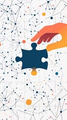 Poster - Abstract business illustration with a hand connecting a red puzzle piece to a complex network. Concept of strategic problem-solving, teamwork, and collaboration.