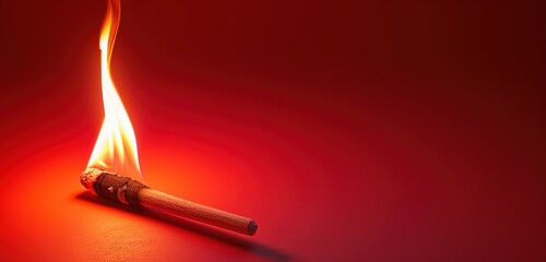 Wall Mural - A burning wooden stick with a bright flame against a red background, symbolising the danger and heat of fire.

