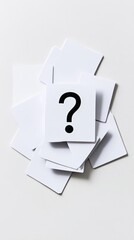 Poster - Stack of white cards with a prominent black question mark on top. Represents inquiry and doubt.