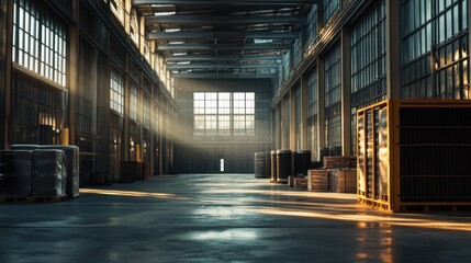 Poster - Sunlight streaming through windows in an industrial warehouse
