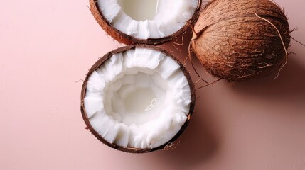 Close-up of coconut split in halves, highlighting the fresh and natural texture of this tropical fruit.