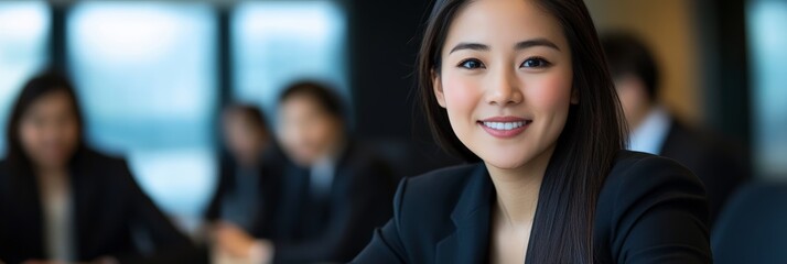 Poster - Businesswoman smiling confidently during a corporate meeting with her colleagues in the background. Leadership and career success concept.