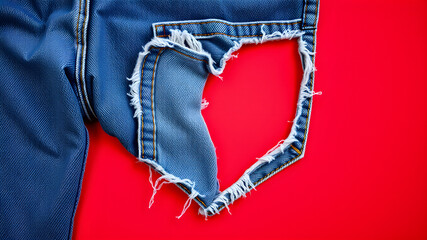 Blue denim jeans with heart shaped rip on red backdrop. Generative AI