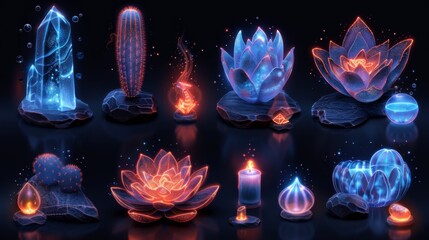 Poster - Create a collection of neon wellness retreat symbols, featuring shimmering