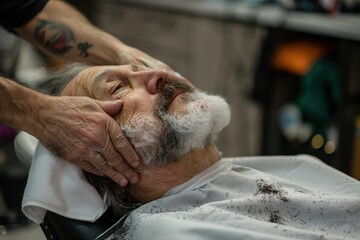 barber grooming customer with towel and cape.