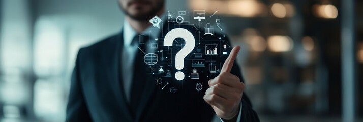 Poster - Businessman in a suit holding a digital question mark in a modern office environment. Concept of inquiry, decision-making, and technology.