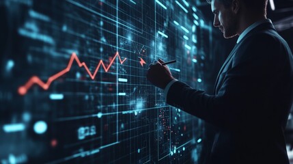 Aufkleber - Businessman analyzing a declining graph on a digital screen in a dark room. Financial crisis and market analysis concept.